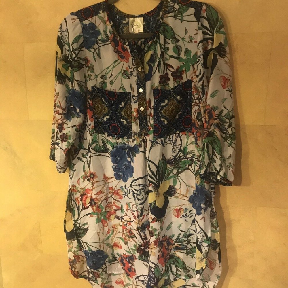 Anthropologie Fig and Flower Sheath Dress SMALL Boho Floral Hi/Low Hem 3/4Sleeve